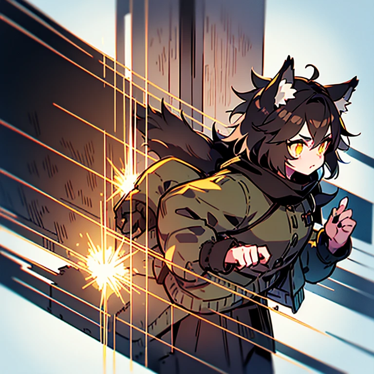 (wolf boy) (wolf girl) (10-year-old (female black wolf child), (bright green eyes), ((black fur, extremely long black hair))) (11-year-old (boy brown wolf child), (bright gold eyes), ((brown fur, short messy brown hair))) ((wolf girl yellow dress, newsboy-cap)) ((wolf boy gray-green jacket, khaki pants, hood down)) Fluffy anthropomorphic wolf, Fluffy wolf nose, wolf tail, Body fur, (detailed eyes)