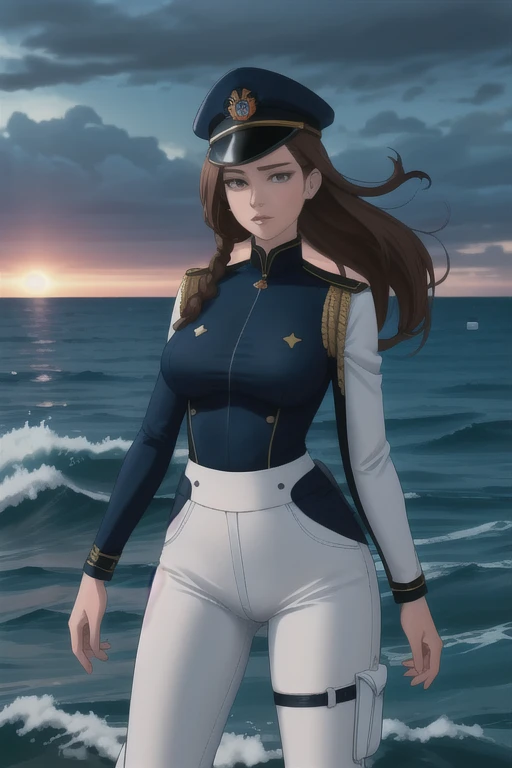 ultra realistic 8k, picture-perfect face, flawless, clean, masterpiece, perfect face, beautiful face, extremely detailed eyes,   a woman admiral, standing on a pier overlooking the seas, solo, detailed eyes, beautiful, looking at viewer, (dynamic pose), water, confident pose, stormy sea, storm, wind, (dark theme:0.85), small breasts, (white parade pants, blue admiral uniform, blue parade uniform, admiral hat),  hyperrealistic photography, extremely detailed CG unity 8k wallpaper, HDR, RAW photo, dslr, intricate detail, cute, magical, enchanting, parted lips, vibrant lighting, vibrant colors, (masterpiece, best quality, ultra-detailed, best shadow), perfect female body perfect female waist, photography BREAK  long hair, crownbraid, chestnut brown hair, ponytail, crownbraid tie, (pronounced blush)   