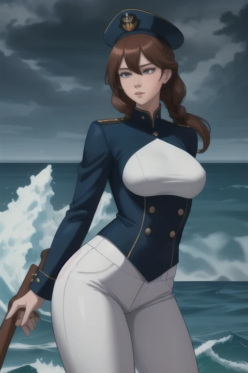 ultra realistic 8k, picture-perfect face, flawless, clean, masterpiece, perfect face, beautiful face, extremely detailed eyes,   a woman admiral, standing on a pier overlooking the seas, solo, detailed eyes, beautiful, looking at viewer, (dynamic pose), water, confident pose, stormy sea, storm, wind, (dark theme:0.85), small breasts, (white parade pants, blue admiral uniform, blue parade uniform, admiral hat),  hyperrealistic photography, extremely detailed CG unity 8k wallpaper, HDR, RAW photo, dslr, intricate detail, cute, magical, enchanting, parted lips, vibrant lighting, vibrant colors, (masterpiece, best quality, ultra-detailed, best shadow), perfect female body perfect female waist, photography BREAK  long hair, crownbraid, chestnut brown hair, ponytail, crownbraid tie, (pronounced blush)   