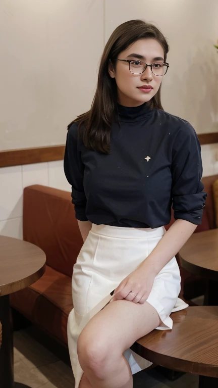 Fair white skin, indonesia girl, peach lips, 23 years old 160cm 55kg, black longsleeve, blue long skirt, sitting inside coffee shop. Wearing glasses. Bright face..