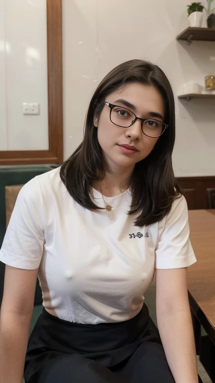 Fair white skin, indonesia girl, peach lips, 23 years old 160cm 55kg, black longsleeve, blue long skirt, sitting inside coffee shop. Wearing glasses. Bright face..