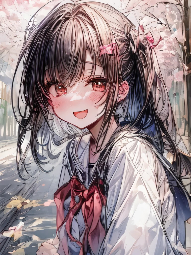 A sunny morning in spring, a row of cherry blossom trees lining the street. A cheerful girl in a sailor uniform turns around with a smile.