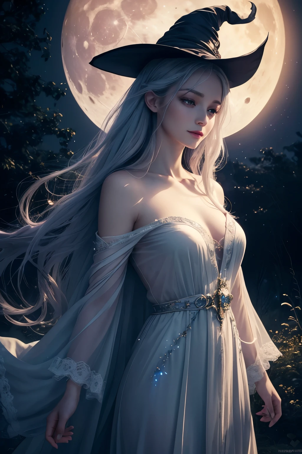 (best quality,4k,8k,highres,masterpiece:1.2),ultra-detailed,(realistic,photorealistic,photo-realistic:1.37),1female,ghost,cute,witch hat,dark old robe,white skin,pale skin,enchanted forest,mysterious atmosphere,moonlit night,glowing eyes,elegant pose,ethereal beauty,hauntingly beautiful,soft and flowing hair,magical aura,mystical energy,colorful and sparkling stars,whimsical background,delicate features,gentle smile,luminous moon,subtle shadows,dreamlike settings,mystifying ambiance,fairytale-like,sublime beauty,enchanting presence,ethereal light,graceful movements