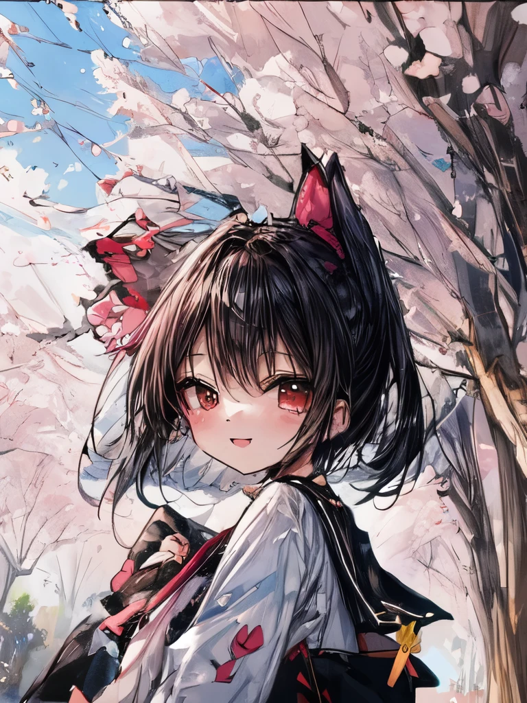A sunny morning in spring, a row of cherry blossom trees lining the street. A cheerful girl in a sailor uniform turns around with a smile.