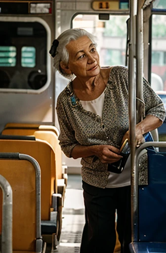 old woman standing in a full bus