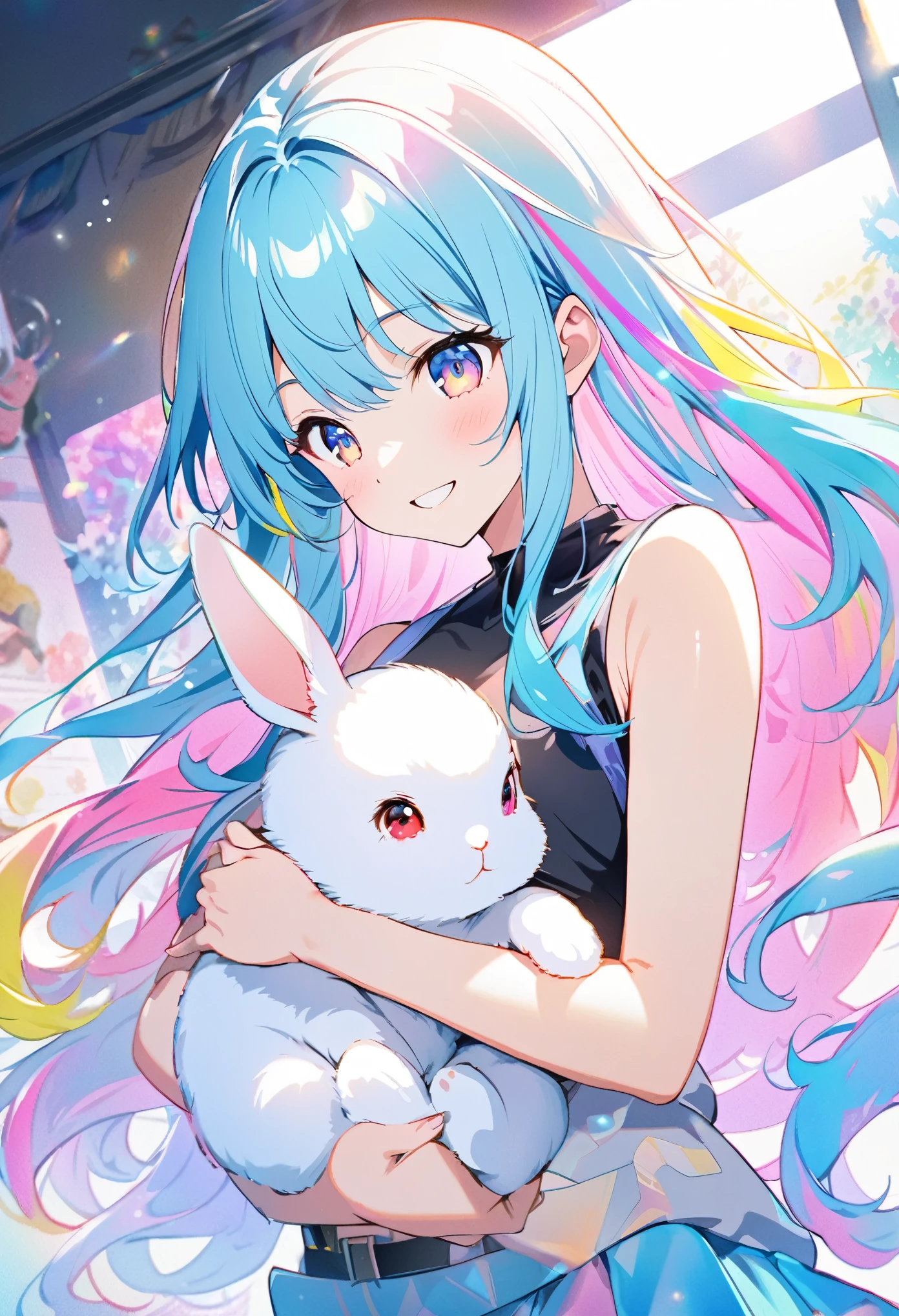 Japanese anime, a Baby Rabbit and a girl, Under the rainbow sky, a Baby Rabbit, Carefully written, Smiling cute girl, a Baby Rabbit, And flowers, Bold and powerful lines, Vibrant, thick paint, Light solid colors. background, Beautiful evidence, Maximum resolution 16K, beautiful anime girl betrayed by a Baby Rabbit, Long Hair, Baby Rabbit, Beautiful gentle eyes with light cyan highlights, キラキラ輝くbackground, gentle air with diamond highlights Beautiful girl with good bright colorful hair, Black tank top and mini skirt, Intense watercolor, colorful, Honeydew and Diamonds, Light cyan and white with light effect, wallpaper, architecture, high quality, high resolution, Large amount of drawing , Pixiv illustration, Transparency, Japanese anime, Upper Body, White Tone, Delicate brushwork, Unique colors