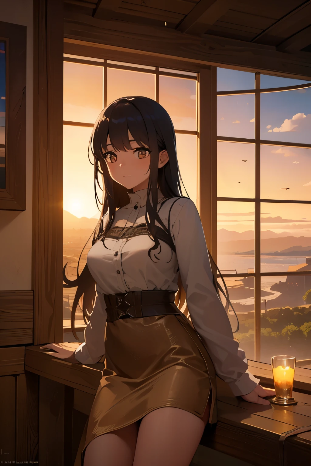 A photorealistic shot of a vast western landscape, with towering mesas, winding rivers, and wide-open spaces. In the foreground, there is a dug hole with a closed petri dish placed inside. The petri dish contains a masterpiece of intricate design, with fine details and hyper-realistic elements. The lighting is cinematic, casting a warm glow over the scene. In the center of the image, a girl is depicted sitting in a cozy yet rustic lounge, holding a Cumulus Crush mocktail. She exudes an imaginative, nature-loving, and whimsical aura, embodying the spirit of adventure and exploration. The atmosphere is inviting, with flickering lanterns and weathered wooden beams adding to the western charm of the setting. Through the windows, the breathtaking landscape stretches out, with mesas and canyons silhouetted against the setting sun. The scene is rendered in ultra-high resolution using Octane Render, capturing every detail with stunning clarity.]