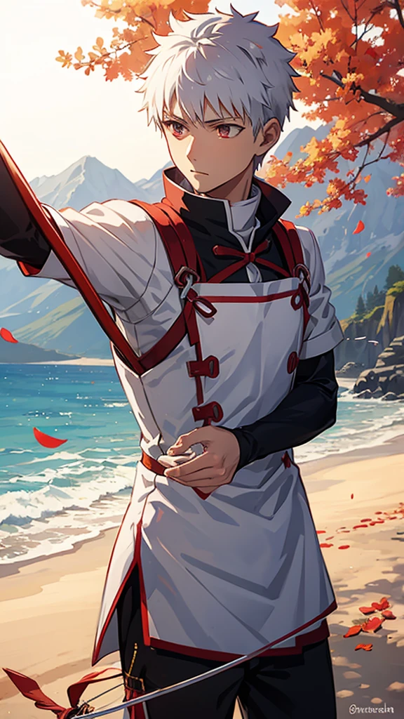 Emiya shirou archer from fate aiming with the bow and the arrow is shining in red