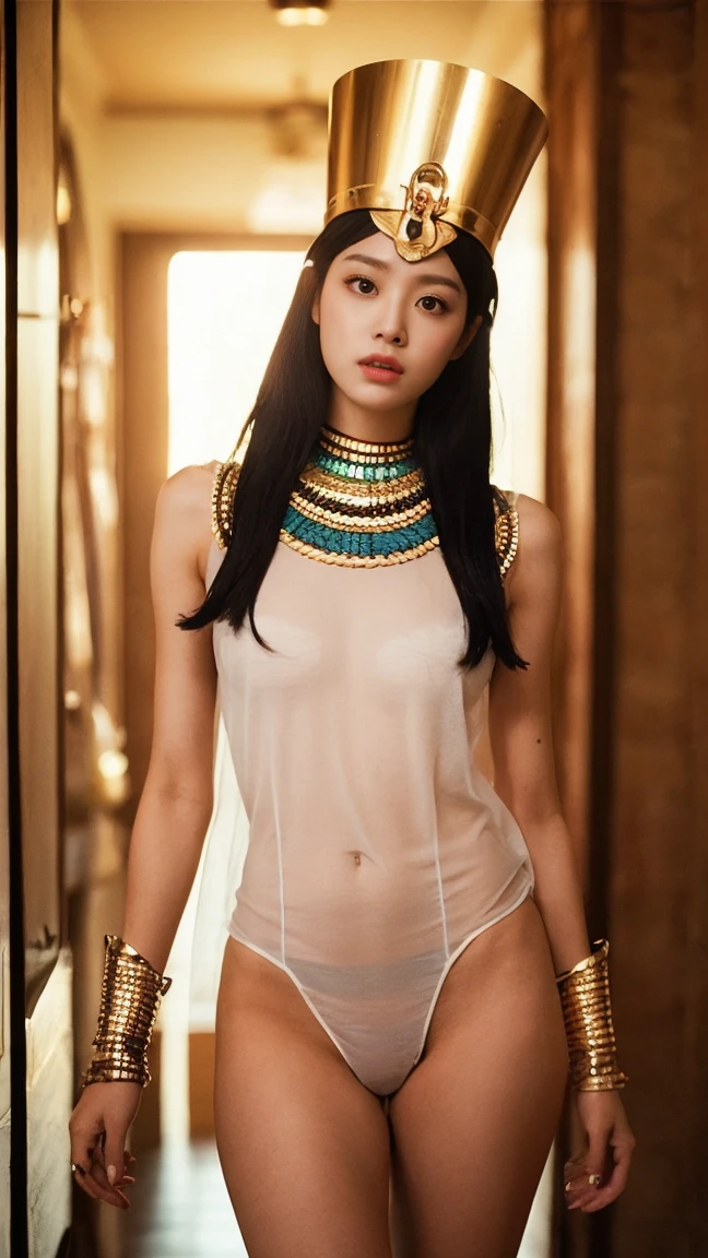 Egyptian Pharaoh、See-through、It&#39;s digging in、On all fours、I&#39;m not wearing anything underneath、Full Body Shot、20th Ayaka、NiziU AYAKA、 ４Ｋ、１People Women、slender、 Loose, wavy styling 、Fascinating and attractive、Including the texture of the face and skin.，Detailed eyes