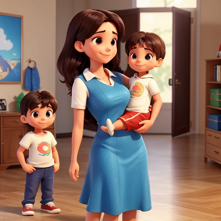 mulher jovem, 50kg, corpo inteiro, vestido comprido, standing sideways holding her 4 year old son in her arms, leve sorriso