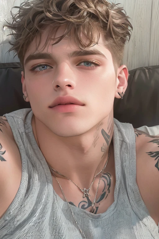 Hombre arafed con un tatuaje en el pecho y un collar en el cuello., clina cristiana, taken in the early 2020s, estilo de seb mckinnon, Marco Lense, joel fletcher, imagen de perfil, imagen de muy muy baja calidad, mirada penetrante, cara hermosa perfecta, jay bauman, Pete Davidson, cara perfecta y chico