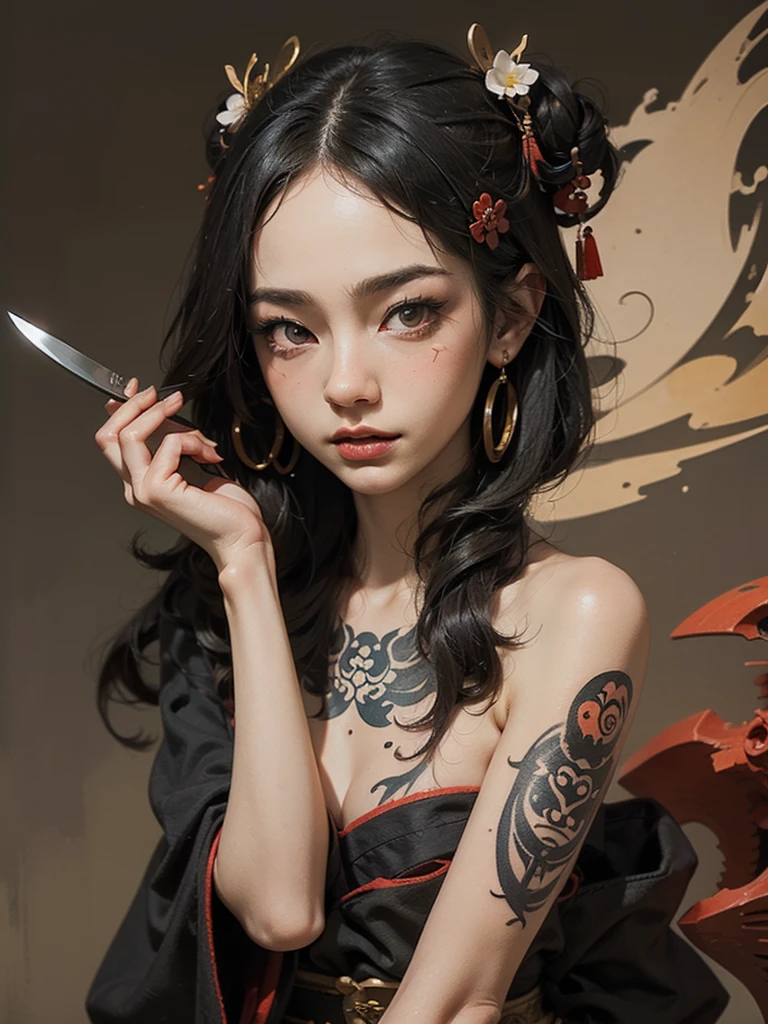 Professional drawing with colored pencils. A heavily tattooed geisha, With a strange expression and a large knife in his hand. Japan and European style. Moderate nuance color, Contrasting colors. Some doodle style and vector art. ((Best Quality))