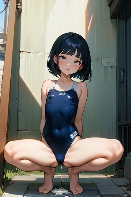 Japanese, Visible nipples、Black Hair、Short Bob、small size of breasts, Flat Chest、beautiful girl、Squat posture、Spread your legs, Spread your legs, One piece swimsuit、Navy blue school swimsuit、Only One Woman、Front of body、barefoot、Woman urinating in an alley