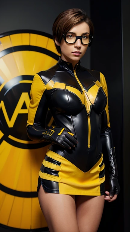 1 woman, brown short hair, blue eyes, wasp superheroine suit, yellow and black stripes superhero suit, miniskirt, goggles