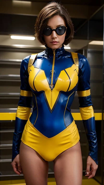 1 woman, brown short hair, blue eyes, wasp superheroine suit, yellow and black stripes superhero suit, miniskirt, goggles