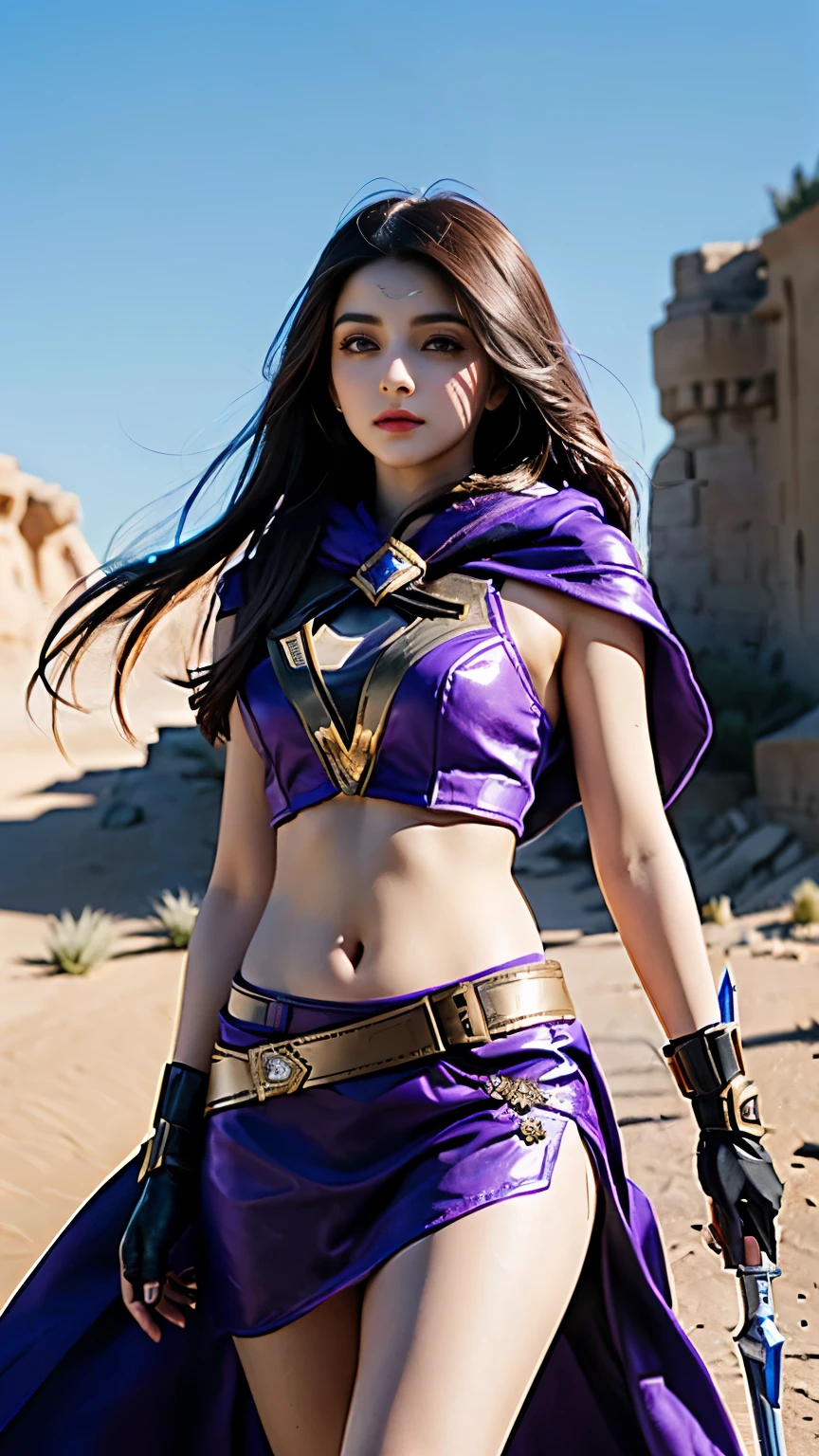 a close up of a woman in a purple outfit holding a bow, ashe, ashe from overwatch, desert fighter ancient mage, samira from league of legends, maya ali as a lightning mage, qiyana, jaina proudmoore, purple armor, maya ali as a wind mage, epic mage girl character, maya ali as a mage, riven, holding gun in left hand raised in air, looking straight in the front, navel is visible, wearing in thighs waist head, in hands leather gloves , head is covered with leather hoodies 