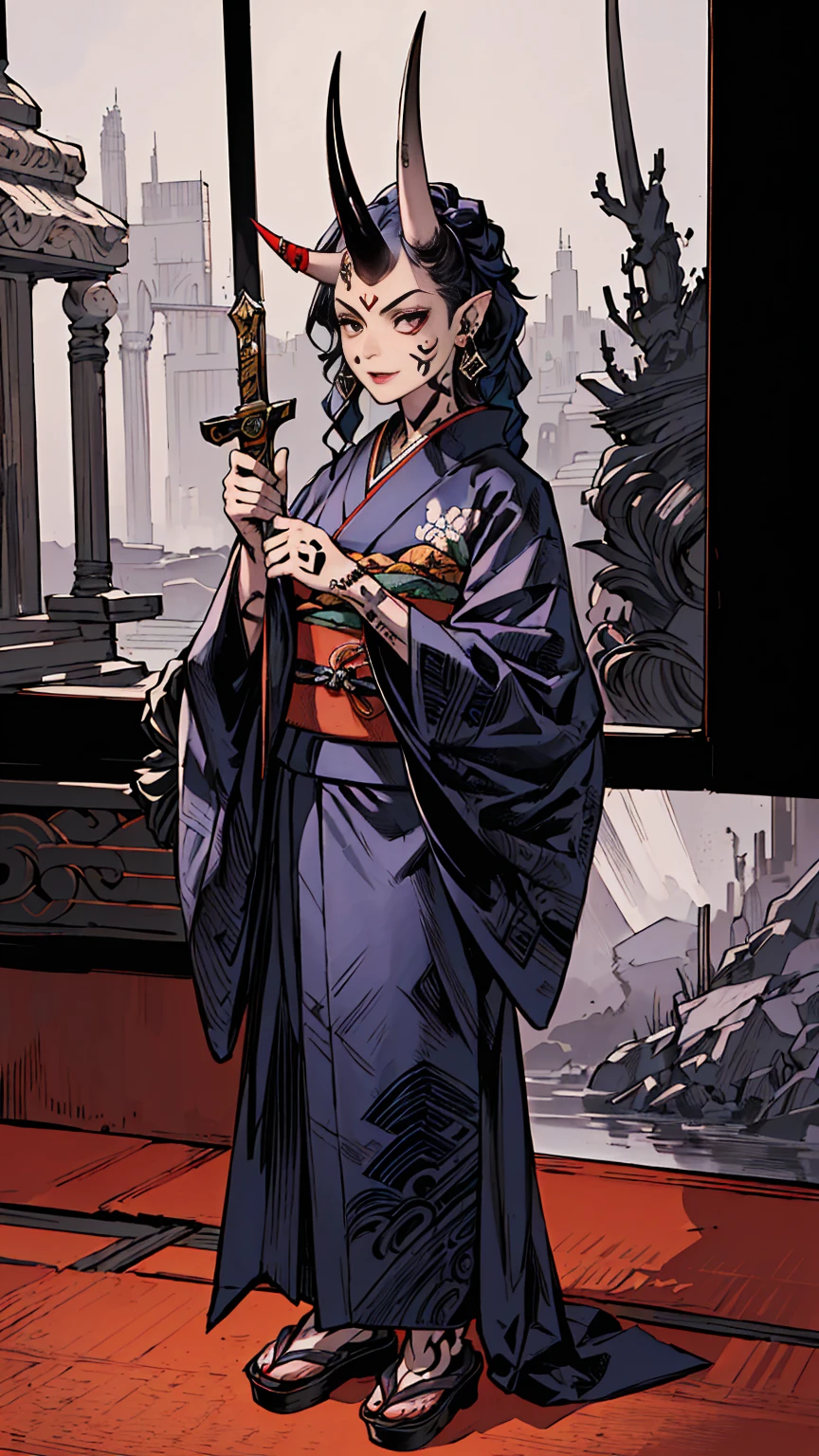 (Realistic:1.3), masterpiece, highest quality, (Intricate details:1.2), (scenery:1.3), Beautiful Face, (Black Theme:1.3), (((1 girl, A girl wearing a patterned kimono and holding a dagger in her hand, (Mira Waiwer:1.3), (Face Tattoos:1.2), Small demon horn, ))), whole body, Divide in half

