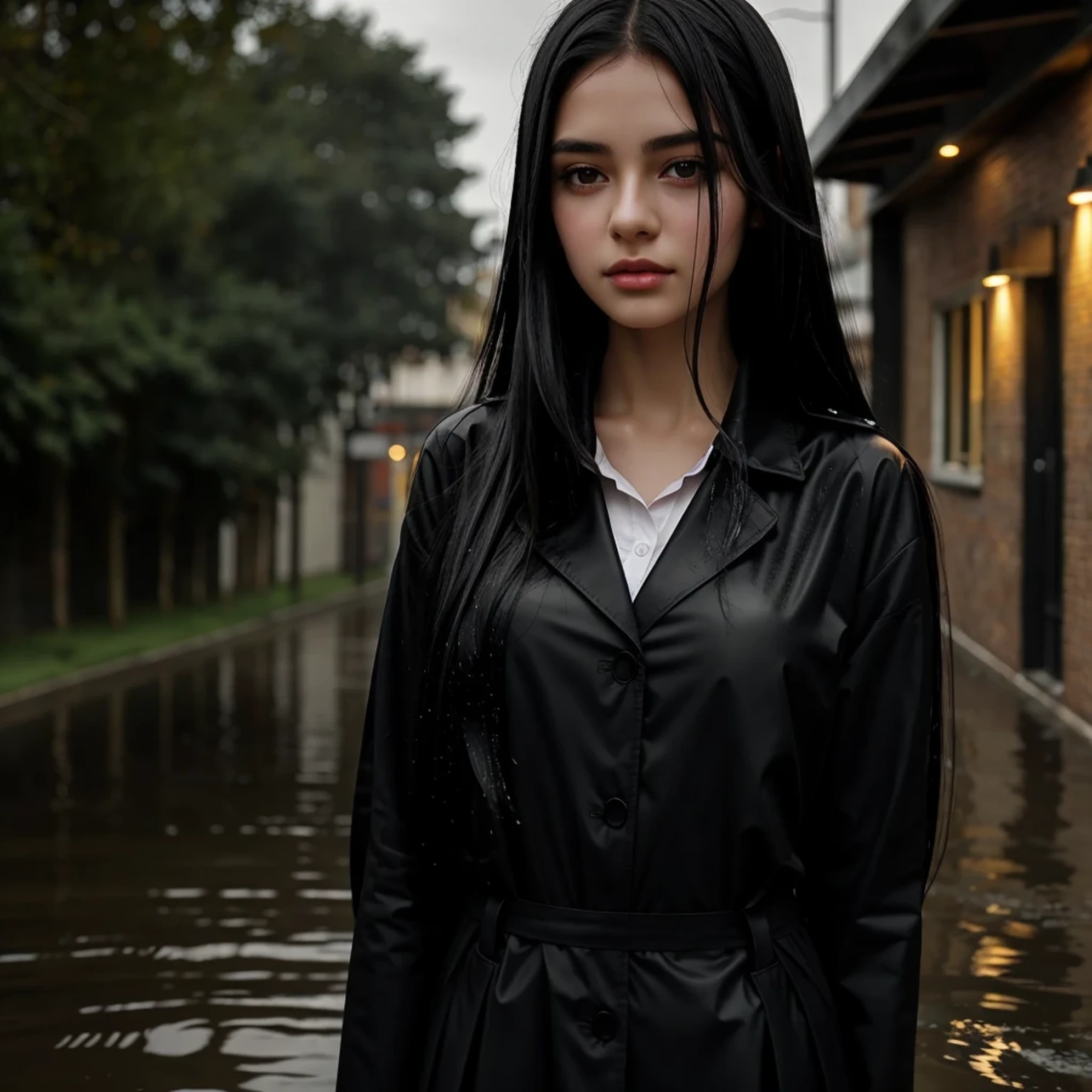 1girl, long black hair, uniform, shy, blush, wet, rain, transparent, (masterpiece, best quality), soft light, cinematic composition, cinematic light