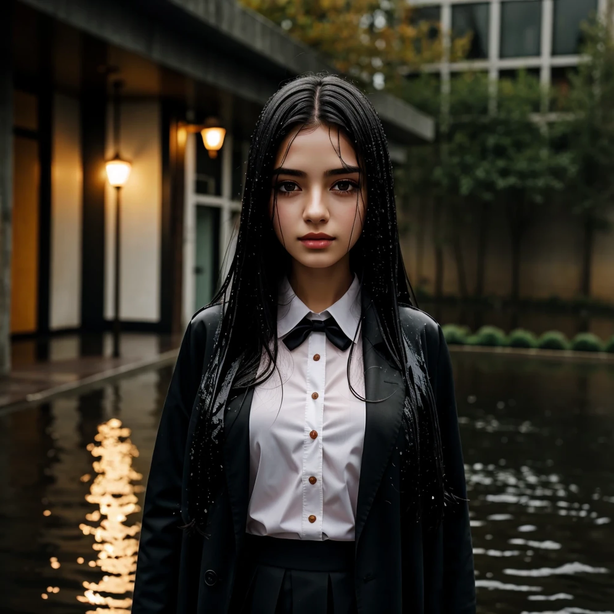 1girl, long black hair, uniform, shy, blush, wet, rain, transparent, (masterpiece, best quality), soft light, cinematic composition, cinematic light