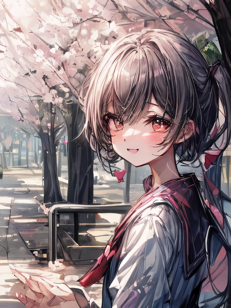 A sunny morning in spring, a row of cherry blossom trees lining the street. A cheerful girl in a sailor uniform turns around with a smile.