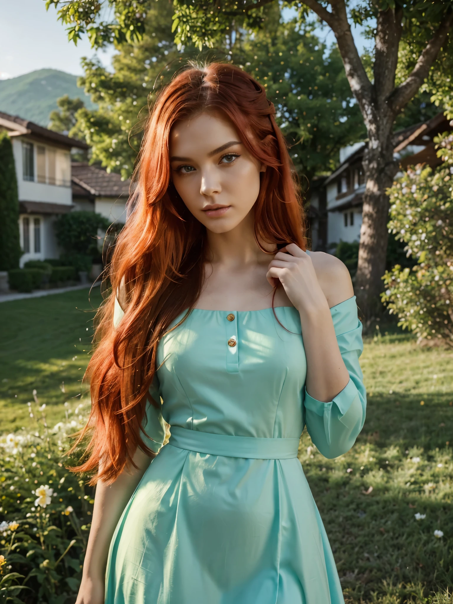 a 22 year old woman, serious expression and striking appearance. My hair ((long pastel neon red hair, contemporary and futuristic look)) frames my face and highlights my very very large blue eyes and brighter than a normal human being, magnetic brightness. My full lips are slightly parted, as if I'm about to say something. Her button nose is redder than the rest of her pale skin. My colored eyebrows are thick and dark, giving me a bold look. My cheekbones are high and defined and my eyelashes are long and curled. Her lips, painted in bold shades of bright orange. Their chromatic intensity completes the extraordinary ensemble, giving an aura of glamor and refinement to this girl with a memorable face.

In the picturesque setting of a mountain meadow, the model stands with grace and majesty. Her long hair floats lightly in the fresh mountain air, while her face shines under the golden light of the sunset. Wrapped in an elegant emerald green dress, which blends harmoniously with the surrounding environment, she holds a delicate flower between her fingers, a symbol of purity and rebirth. The camera is strategically positioned to capture the close-up of her, she is seen only from the shoulders up, while the sun paints the sky with enveloping shades. A light breeze caresses the lawn, bringing with it the fresh scent of spring flowers. In the magical atmosphere of twilight, the model conveys a feeling of inner tranquility and harmony with nature, embodying timeless elegance and authentic beauty, perfect for a social account dedicated to fashion and luxury.