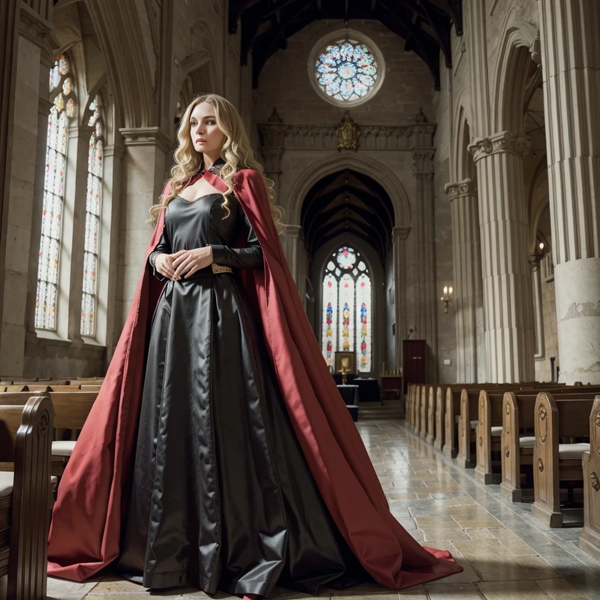 dark soul, dim light, old church, mature female, slim, tall, long blonde curly hair, long black cape, red leotardy long skirt, long skirt with diamond, gold bracelet, 8k, Official style, European aristocracy,