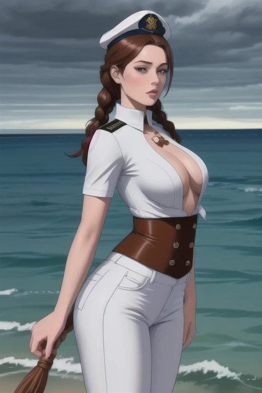 ultra realistic 8k, picture-perfect face, flawless, clean, masterpiece, perfect face, beautiful face, extremely detailed eyes,   a woman admiral, standing on a pier overlooking the seas, solo, detailed eyes, beautiful, looking at viewer, (dynamic pose), water, confident pose, stormy sea, storm, wind, (dark theme:0.85), small breasts, (white parade pants, blue admiral uniform, blue parade uniform, admiral hat),  hyperrealistic photography, extremely detailed CG unity 8k wallpaper, HDR, RAW photo, dslr, intricate detail, cute, magical, enchanting, parted lips, vibrant lighting, vibrant colors, (masterpiece, best quality, ultra-detailed, best shadow), perfect female body perfect female waist, photography BREAK  long hair, crownbraid, chestnut brown hair, ponytail, crownbraid tie, (pronounced blush) , (button off:-1.0)