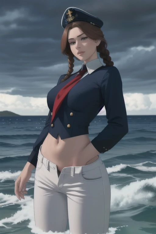 ultra realistic 8k, picture-perfect face, flawless, clean, masterpiece, perfect face, beautiful face, extremely detailed eyes,   a woman admiral, standing on a pier overlooking the seas, solo, detailed eyes, beautiful, looking at viewer, (dynamic pose), water, confident pose, stormy sea, storm, wind, (dark theme:0.85), small breasts, (white parade pants, blue admiral uniform, blue parade uniform, admiral hat),  hyperrealistic photography, extremely detailed CG unity 8k wallpaper, HDR, RAW photo, dslr, intricate detail, cute, magical, enchanting, parted lips, vibrant lighting, vibrant colors, (masterpiece, best quality, ultra-detailed, best shadow), perfect female body perfect female waist, photography BREAK  long hair, crownbraid, chestnut brown hair, ponytail, crownbraid tie, (pronounced blush) , (button off:-1.0)