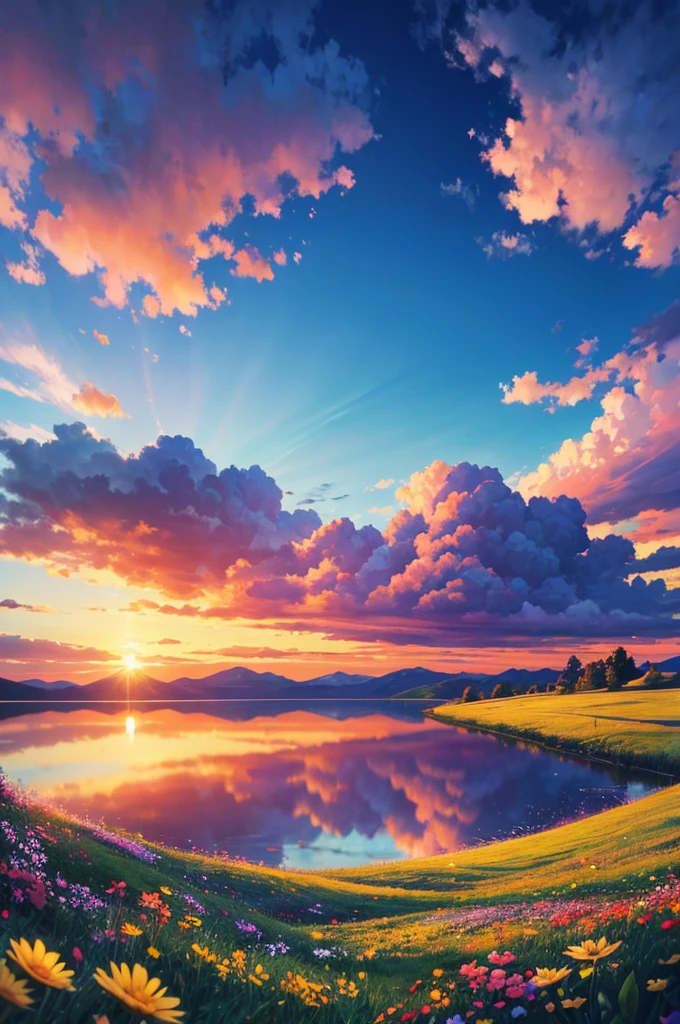 Had a beautiful sunset, The hillside is covered with flowers and grass, Flowers are close at hand, Colorful sky, Surreal colors, Colorful sunset, Colorful sky, Marvelous sky reflection, Stunning sky, dream like atmosphere 8k, Colorful clouds, Colors reflected on the lake, Surreal sky, Red and blue reflections, The reflection of fire, Beautiful sky, Beautiful and spectacular sunset, Beautiful dreamy scenery, Stunning sky
