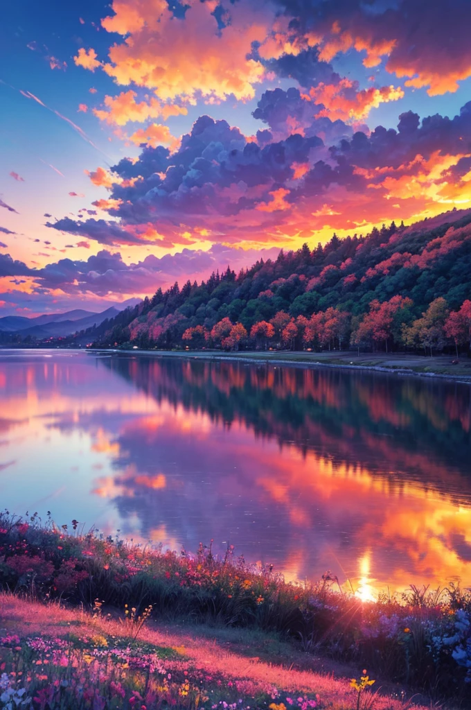 Had a beautiful sunset, The hillside is covered with flowers and grass, Flowers are close at hand, Colorful sky, Surreal colors, Colorful sunset, Colorful sky, Marvelous sky reflection, Stunning sky, dream like atmosphere 8k, Colorful clouds, Colors reflected on the lake, Surreal sky, Red and blue reflections, The reflection of fire, Beautiful sky, Beautiful and spectacular sunset, Beautiful dreamy scenery, Stunning sky
