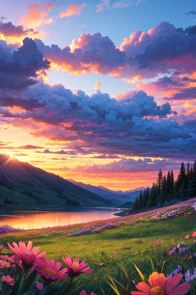 Had a beautiful sunset, The hillside is covered with flowers and grass, Flowers are close at hand, Colorful sky, Surreal colors, Colorful sunset, Colorful sky, Marvelous sky reflection, Stunning sky, dream like atmosphere 8k, Colorful clouds, Colors reflected on the lake, Surreal sky, Red and blue reflections, The reflection of fire, Beautiful sky, Beautiful and spectacular sunset, Beautiful dreamy scenery, Stunning sky