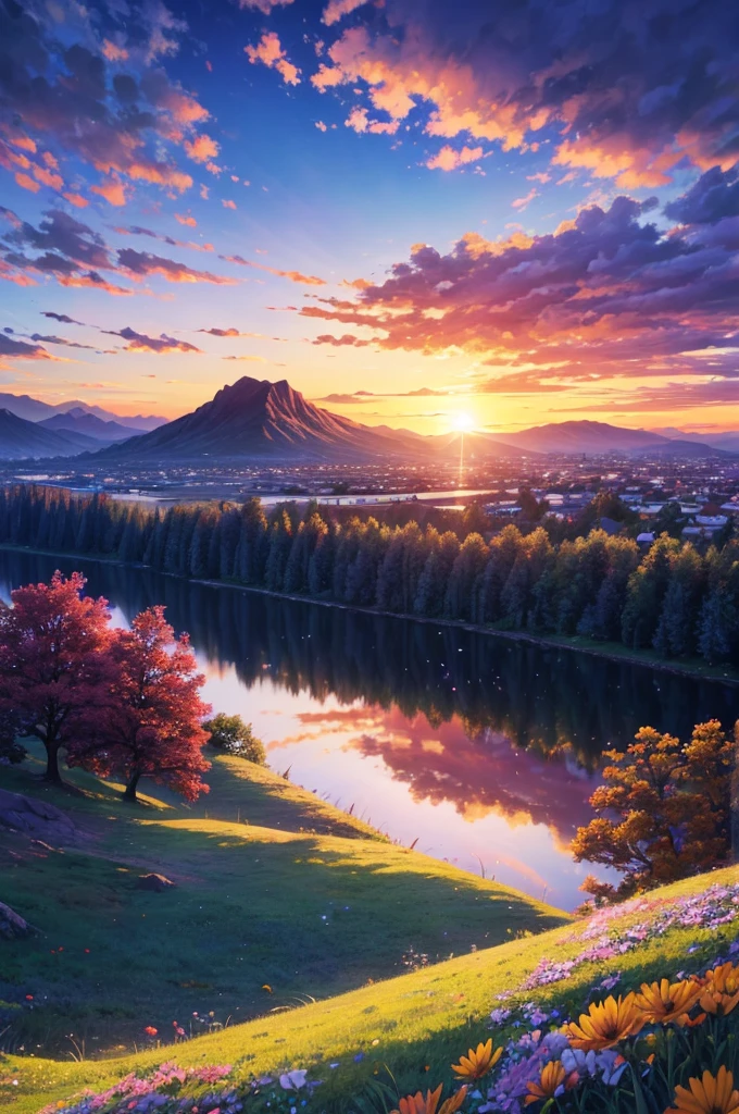 Had a beautiful sunset, The hillside is covered with flowers and grass, Flowers are close at hand, Colorful sky, Surreal colors, Colorful sunset, Colorful sky, Marvelous sky reflection, Stunning sky, dream like atmosphere 8k, Colorful clouds, Colors reflected on the lake, Surreal sky, Red and blue reflections, The reflection of fire, Beautiful sky, Beautiful and spectacular sunset, Beautiful dreamy scenery, Stunning sky