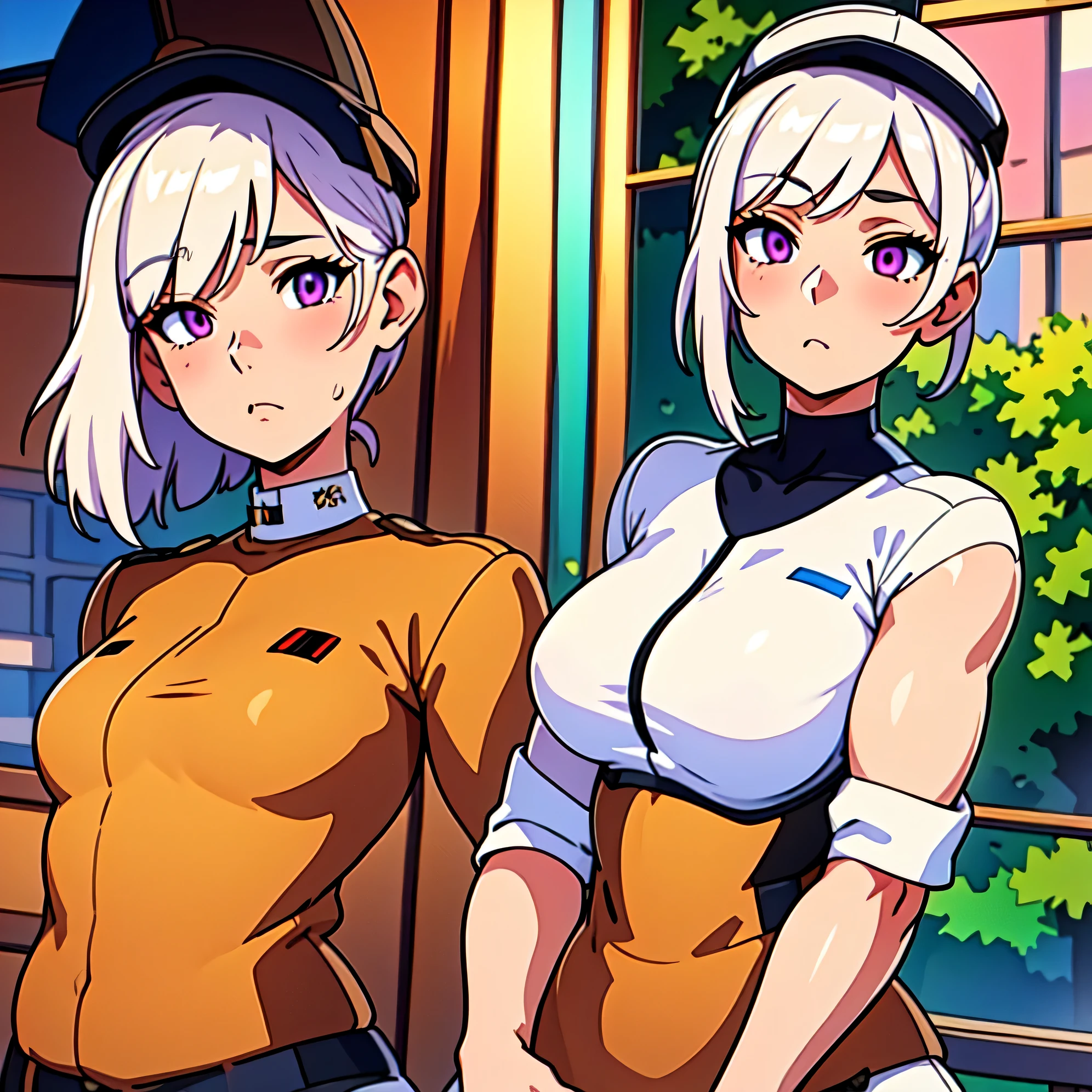 masterpiece, best quality, 4k, UHD, mishoujo, painting, beautiful eyes and detailed face, illustration, beautiful detailed, high resolution illustration, glowing_white_particles, 1girl, white hair, light purple eye, hair over one eye, short sidetail, baseball cap,expressionless, window shade, black jacket, chest rig, cyberpunk, techwear,(Impressionism:1.4)