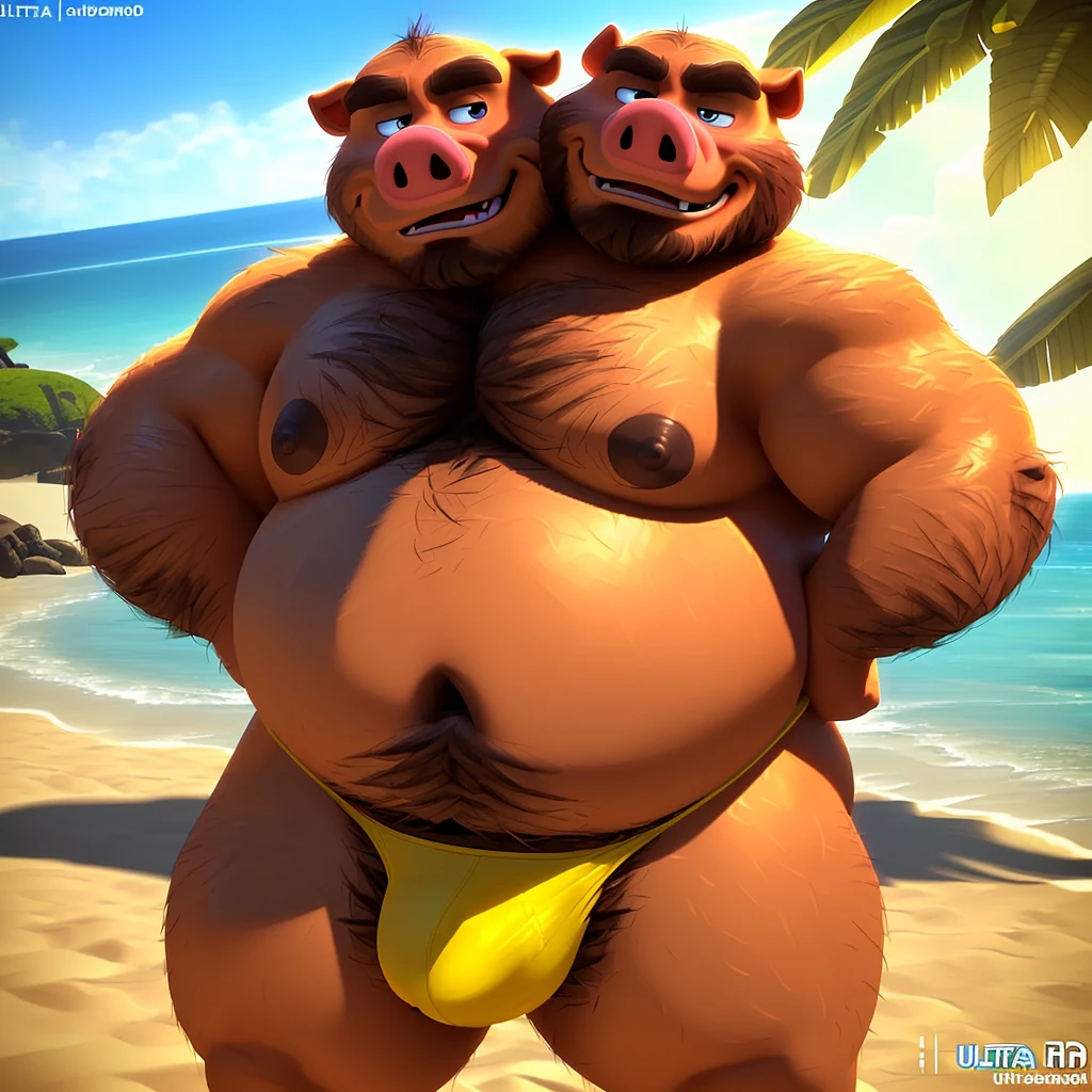 solo, two headed pig, (identical heads:1.3), (adult male, 50 year old male, (stylized 3d, by disney, by rembrandt), by pixar:1.1, (fat, dadbod, chubby, bald, beard, hairy, old), beach background, (thong, bulge, navel, nipples), correct eyes, correct hands, correct anatomy, (detailed eyes:1.2, cartoon eyes:1.2, small dark pupils, masculine eyes), (ultradetailed, best quality, detailed masterpiece, highly detailed masterpiece, 4k, professional cartoon:1.7), ((hands on hips:1.3, natural pose:1.3, nuanced expressions:1.3))
