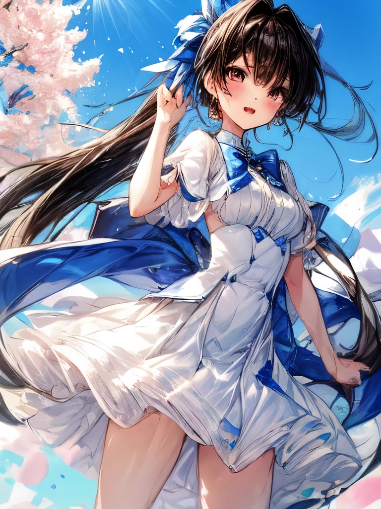 Create an image of a young girl wearing a suit, standing under clear blue skies on a sunny spring day.