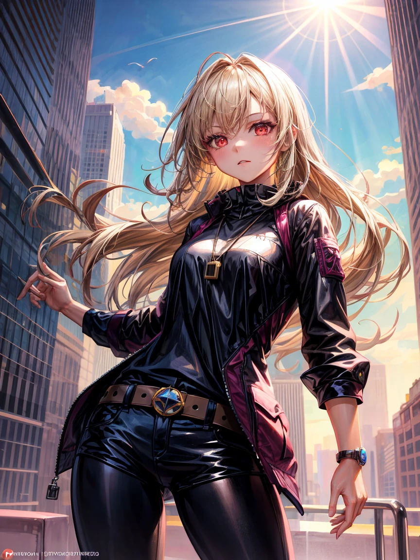 Anime girl looking at big city landscape from a height,Near Future City、 makoto shinkai cyril rolando, anime art wallpaper 4k, anime art wallpaper 4k, Anime art wallpaper 8k, inspired by Cyril Rolando, in the style dan mumford artwork, amazing wallpapers, red eyes、a blond、Locket
