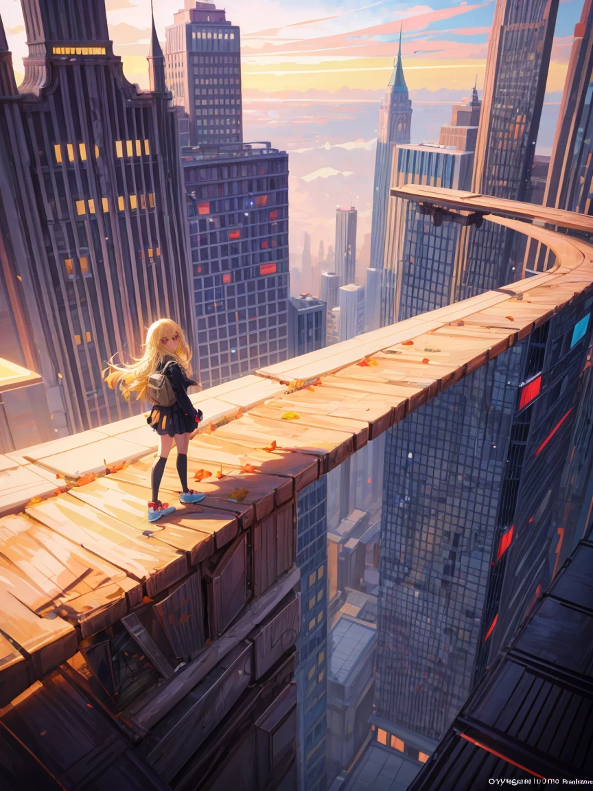 Anime girl looking at big city landscape from a height,Near Future City、 makoto shinkai cyril rolando, anime art wallpaper 4k, anime art wallpaper 4k, Anime art wallpaper 8k, inspired by Cyril Rolando, in the style dan mumford artwork, amazing wallpapers, red eyes、a blond、Locket