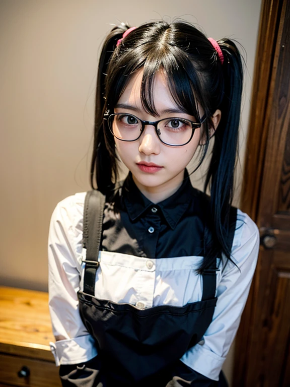 Portrait of a twintail black hair woman,glasses, slight smile,only wearing apron, sharp focus, no shirt