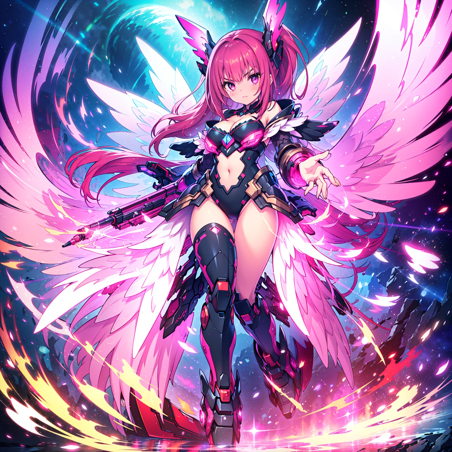 masterpiece, best quality, high resolution, extremely detailed CG, 1girl, solo, a mecha girl in black armor with pink glowing wings in universe, wings of light, red hair, long hair, (large eyes), glaring, cleavage, thighs, off-shoulder, ((pink glowing wings)), posing, full body, from below