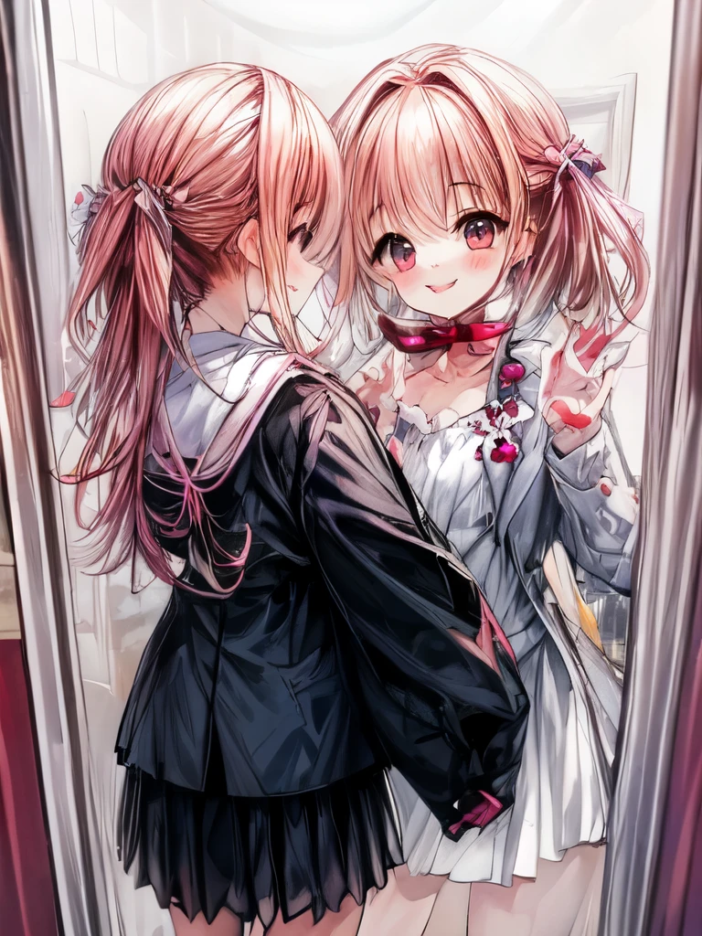 In a spring morning, a girl in a suit is checking herself in the mirror inside a room.