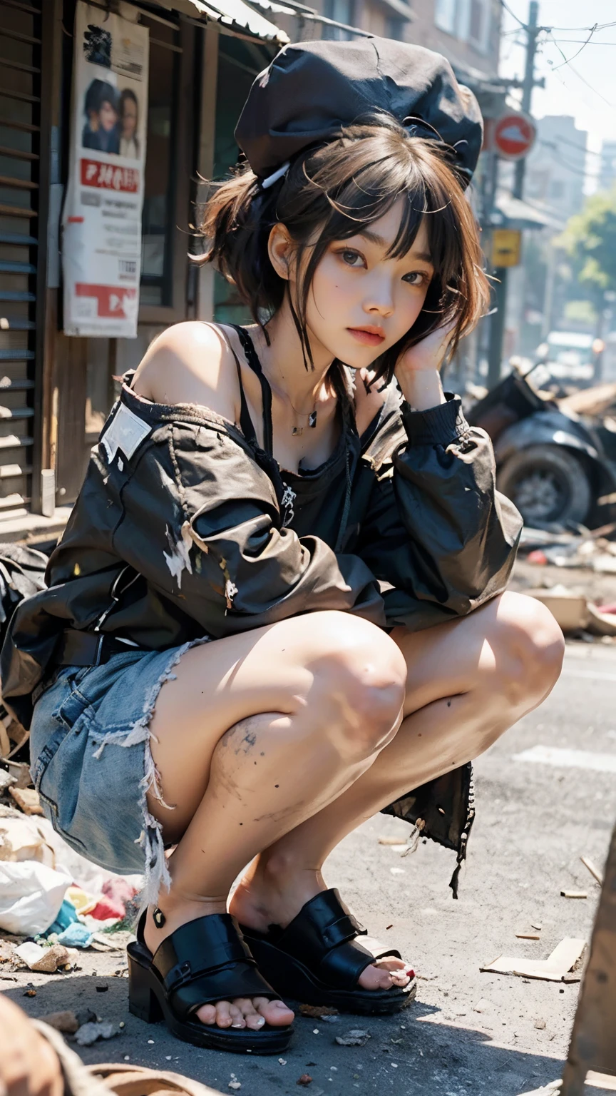 aespakarina,Bobcut,Begging in the city,(((Homeless))),Crouching,Angry face,Bad complexion,Dirty,Full of trash,Korean,Adult female,Pitch black,Tattered clothes,(((Garbage dump))),((( in a destroyed city,Oil,Mud stains,shit,dirty))),(((Frowning,カメラをGlaring))),((((Rubble pile))),Very fine eye, (((He&#39;s wearing a tattered and dirty black hoodie.,He&#39;s wearing ripped black pants))),(((Tragic))),((photograph)),(((Fabric Shading))), (((highest quality))), (((masterpiece))) strong girl, ((((Realistic)))),,Black Hair, chic hairstyle, ((With bangs,ストレートミディアムBobcut, nice hair)), Light makeup,Red eyes, (((I&#39;m not wearing lipstick))), (nice, strong), (((Late Night))), Centered Images, Looking at the camera, Elegant colors,Realistic Skin,Realistic texture,８k,whole body,Pale skin,Red iris,Expressionless,Glaring,Perfect Face,(((Big eyes))),Holding a blank board