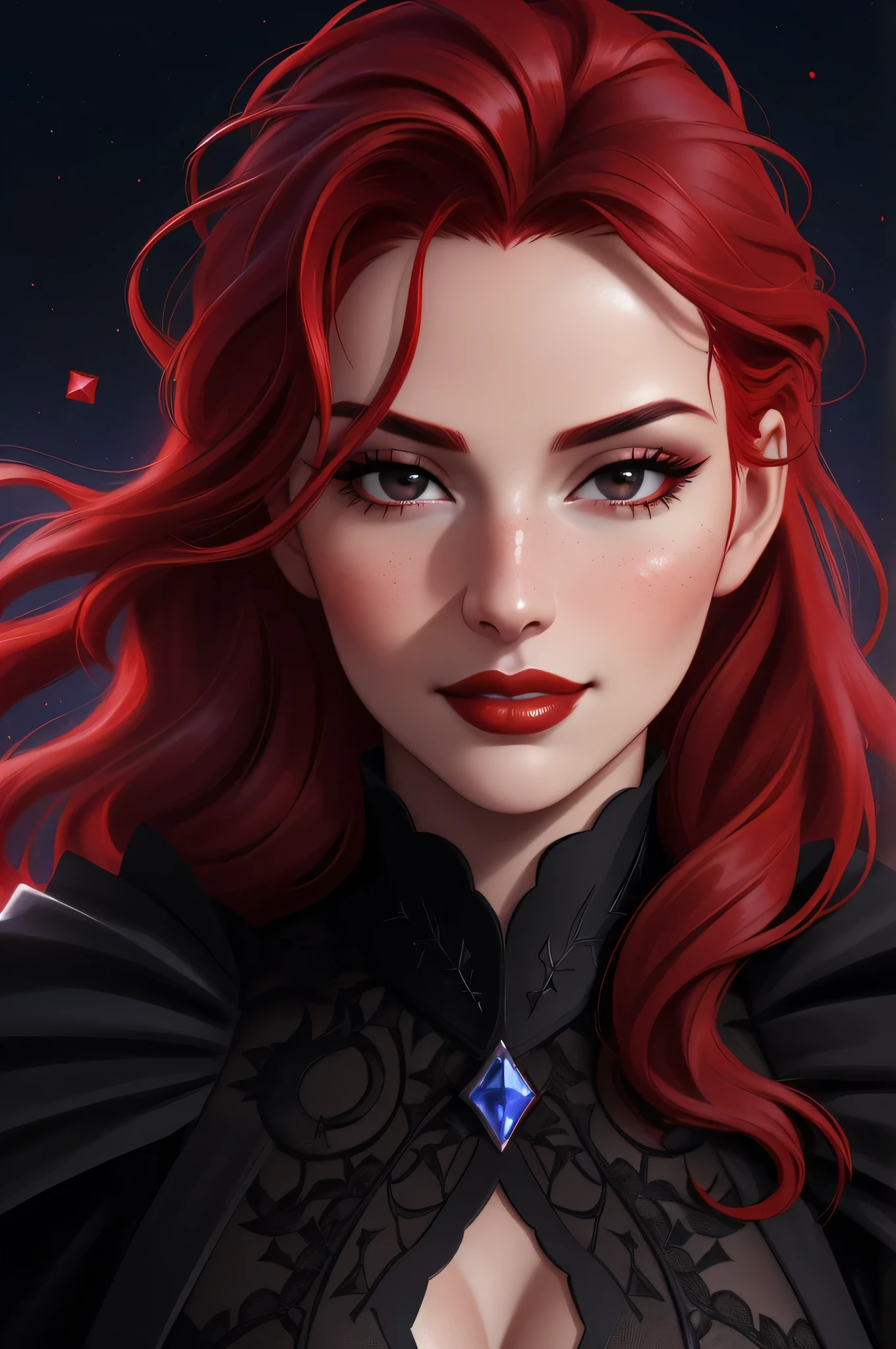 face close up, portrait shot, ((vivid red hair)), mature woman, 30 years old, diamond face, red starry sky background, depth of field, magic, big red lips, ((dark and black eyes)) black and red long and full dress, covered chest, mystical atmosphere, ominous shadows, Intense blue aura, Intense red aura (best quality:1.2), absurdres, intricate details, (highly detailed skin:1.2), smile expression, posing, taut and well defined body, attractive. Highly realistic, white skin, beautiful, hyperrealism, skin very elaborated, direct gaze,