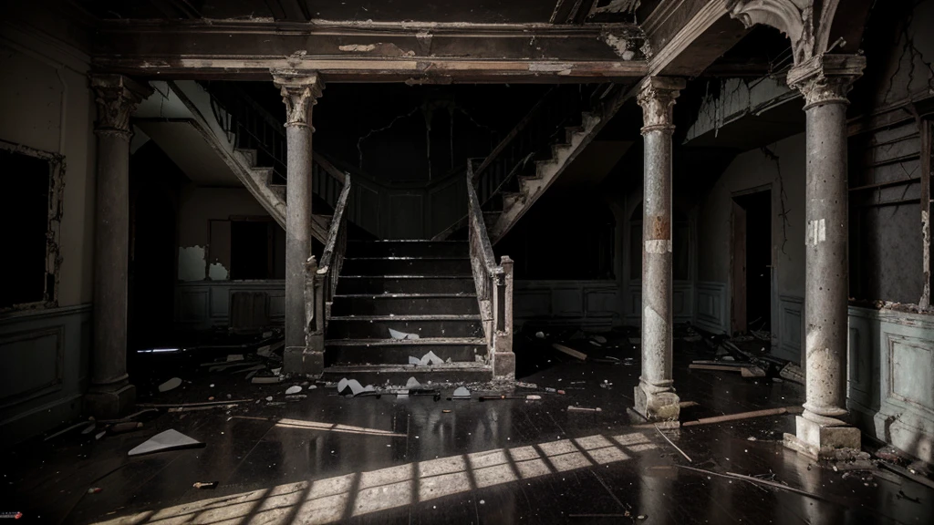 Visualize a creepy scenery inside a main hall of an abandoned rotten mansion. (Dark, black, grey, broken floor, cracked wall, twin stair, broken roof)