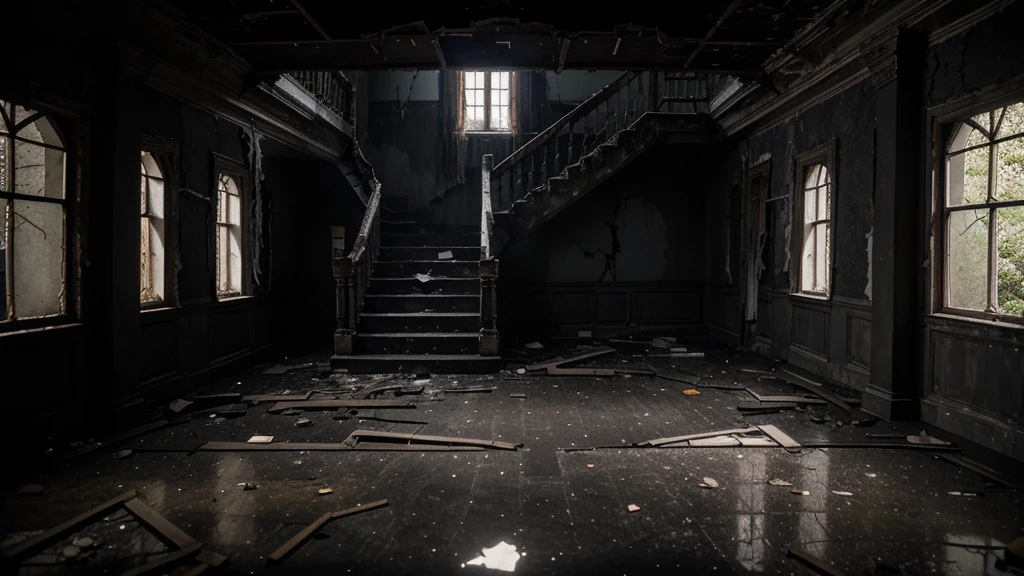 Visualize a creepy scenery inside a main hall of an abandoned rotten mansion. (Dark, black, grey, broken floor, cracked wall, twin stair, broken roof)
