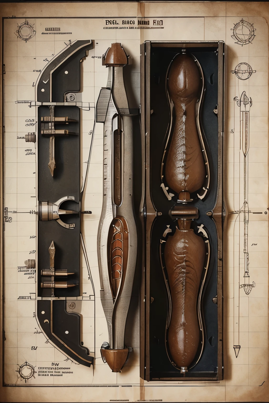 Highly detailed technical drawing of a dick The illustrations should include a side view, cross-sections, and exploded views to show both the exterior and interior components and organs. Labeled parts with annotations specifying materials, dimensions, and other engineering and anatomic specifications. Style vintage engineering blueprint, and educational intent