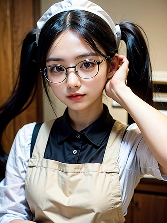 Portrait of a twintail black hair woman,glasses, slight smile,only wearing apron, sharp focus, no shirt