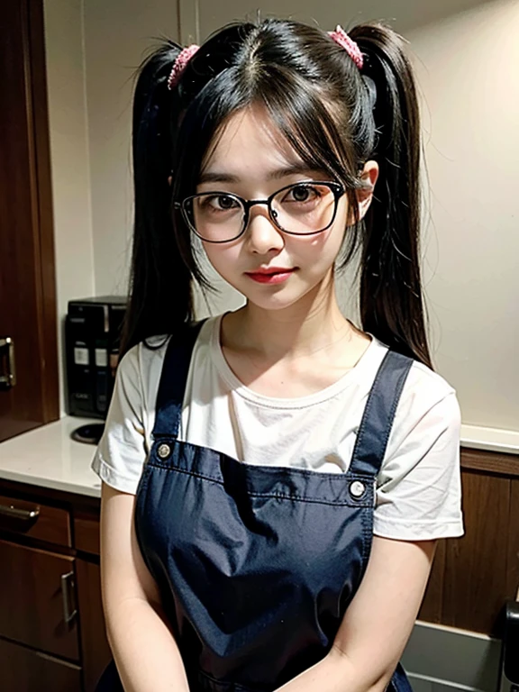 Portrait of a twintail black hair woman,glasses, slight smile,only wearing apron, sharp focus, no shirt