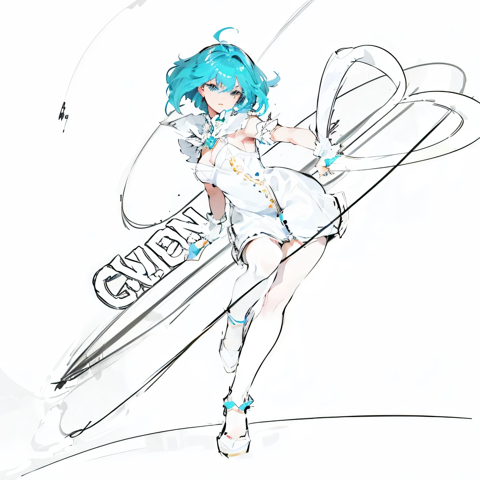 detail the scissors, detail the hair, improve the dress, color the skin, blue and white dress, arrange the breasts, improve the scissors, tips at the ends