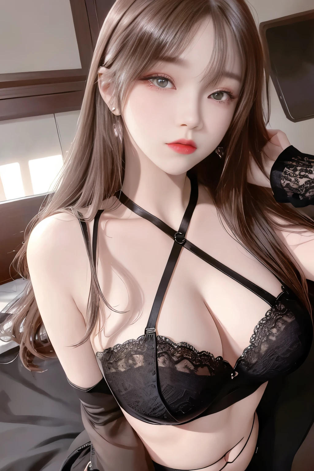 Top image quality、Raw photography、A high resolution、20-year-old cool Korean、big round chest、sexy red lace underwear、Beautiful Eyes of Details、very elongated eyes、Beautiful eyelashes、Beautiful double eyelids、eyeshadows、long legs,medium thighs, beautiful eyes finely detailed、elongated eyes、long eyeslashes、Beautiful double eyelids、eyeshadows、earrings、shiny skin、 1 girl, solo, standing,