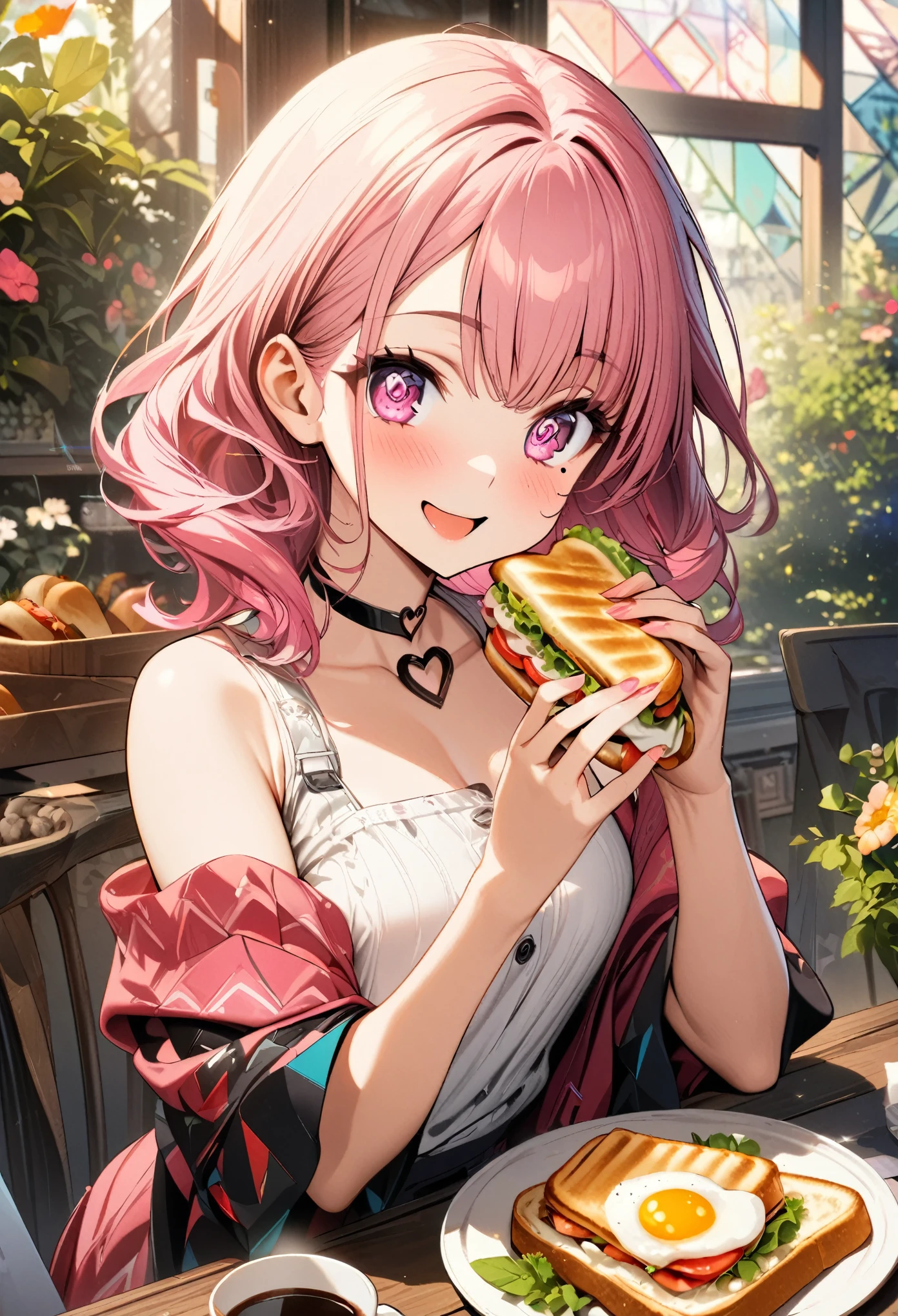 1 girl, long pink hair, heart-shaped eyes, {girl with medium-long pink hair, name Nami}, (pink eye color), {breakfast, fried egg, sandwich, coffee}, (smile), bright background , mole under eye, heart-shaped choker, (masterpiece, top quality), very detailed, top quality, official art, beautiful and aesthetic: 1.2), (1 girl), very detailed, (geometry art: 1.3) , colorful, most detailed one girl, symbol eyes, (garden, beautiful flowers)